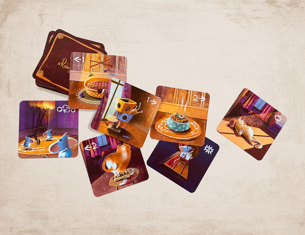 Beautiful instruction cards in the Rainy Day board game